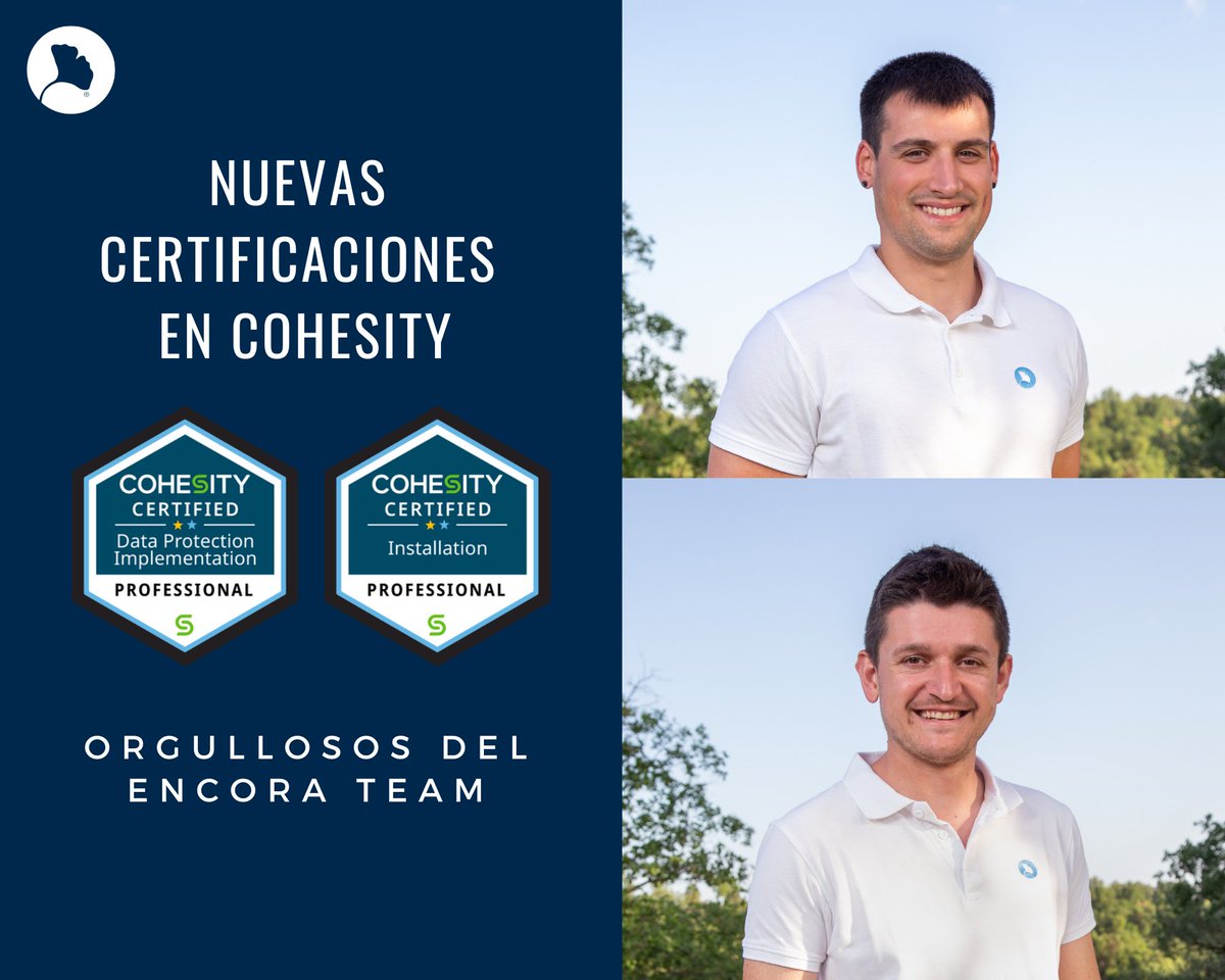 EncoraTeam's tweet photo. Enhorabuena @miquelMariano y @CobIbon por el reciente «Data Protect Inplementation Professional»! 🥳🙌🏼
 
De este modo somos el primer partner autorizado para hacer Servicios Profesionales de @Cohesity en España.

Estamos muy orgullosos de nuestro Encora Team.

#backup https://t.co/9ifrDfCkJQ