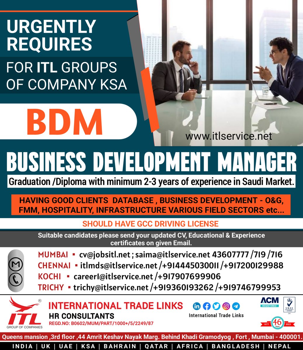 ItlJobs's tweet photo. JOB VACANCY FOR #saudiarabia 

Interested candidates, please send your updated CV on given emails.

Learn more :
https://t.co/L5a1jS36cU 
#bdm #bdmjobs #bde #busniessdevelopment #marketing #manager #manpower #recruitment #overseas #itl #saudibdm #saudijobs  #newjob https://t.co/pM7Nnb786O