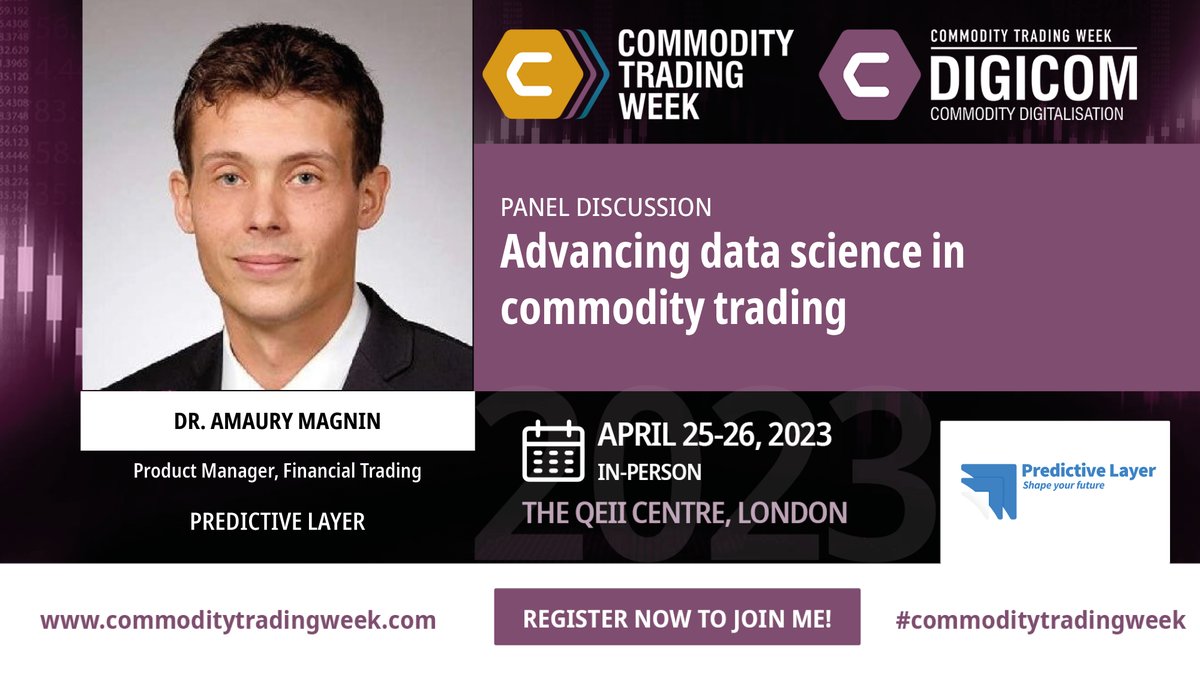 Predictive Layer (@predictivelayer) on Twitter photo Excited to be speaking at #CommodityTradingWeek in London on advancing data science.
Join us on the 25th-26th April as we explore everything from risk management to commodity #trading, #digitalisation, trade #finance, shipping and maritime and much much more!
<a href="/Commodities_Ppl/">Commodities People</a> Excited to be speaking at #CommodityTradingWeek in London on advancing data science.
Join us on the 25th-26th April as we explore everything from risk management to commodity #trading, #digitalisation, trade #finance, shipping and maritime and much much more!
<a href="/Commodities_Ppl/">Commodities People</a>