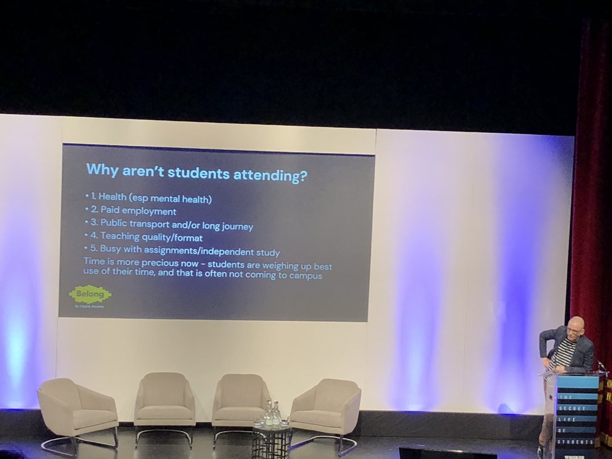 Thought provoking start from <a href="/jim_dickinson/">Jim Dickinson</a> to <a href="/Wonkhe/">Wonkhe</a> #secretlife23.

Huge challenge for HE sector since covid is attendance, research suggests 5 top reasons for absence:

1) health 
2) paid employment
3) transport
4) teaching quality/format
5) independent study/assignments