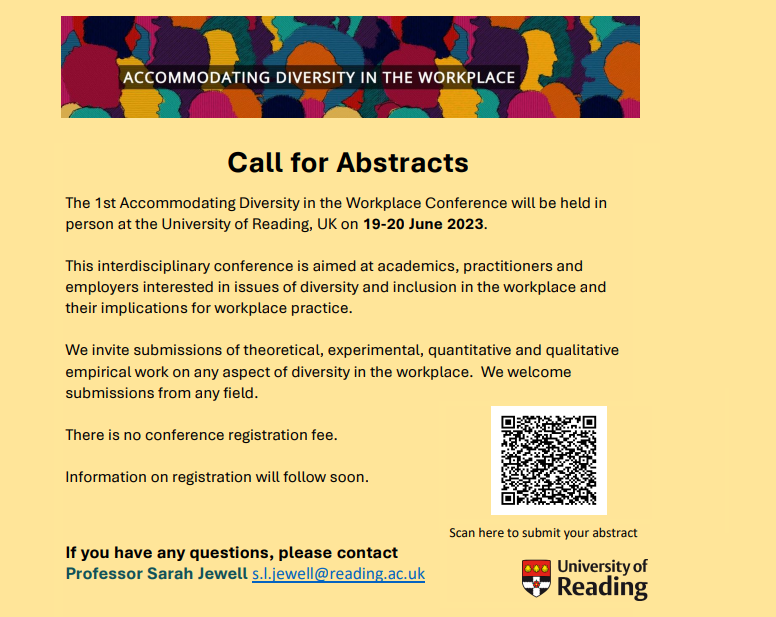 Uni of Reading Economics Department (@uoreconomics) on Twitter photo Professors <a href="/Jewell_Sarah/">Professor Sarah Jewell</a> & <a href="/LonghiSi/">Simonetta Longhi</a> are organising an interdisciplinary conference <a href="/UniofReading/">Uni of Reading</a> (19-20 June 2023), which aims to discuss how to accommodate workforce diversity in the workplace. The call for abstracts is now open: research.reading.ac.uk/accommodating-…
Participation is free! Professors <a href="/Jewell_Sarah/">Professor Sarah Jewell</a> & <a href="/LonghiSi/">Simonetta Longhi</a> are organising an interdisciplinary conference <a href="/UniofReading/">Uni of Reading</a> (19-20 June 2023), which aims to discuss how to accommodate workforce diversity in the workplace. The call for abstracts is now open: research.reading.ac.uk/accommodating-…
Participation is free!