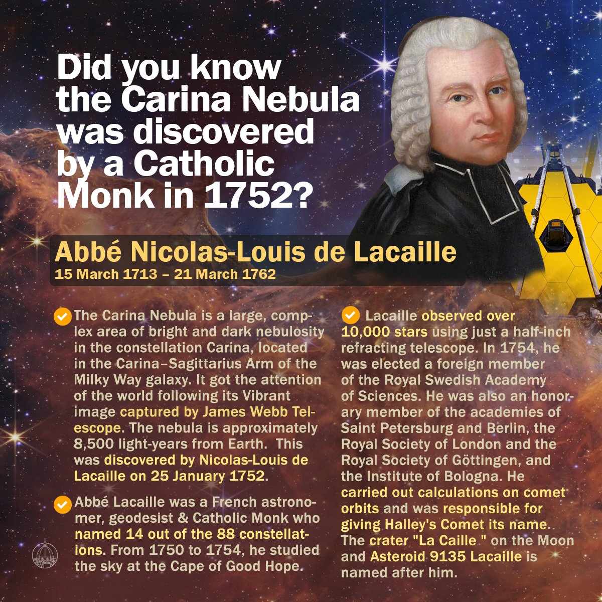 Did you know the Carina Nebula was discovered by a #Catholic Monk in 1752? - Abbé Nicolas-Louis de Lacaille (15 Mar 1713 – 21 Mar 1762). Carina Nebula got the attention of the world following its Vibrant image captured by the #JWST #JamesWebbSpaceTelescope
#UnfoldTheUniverse