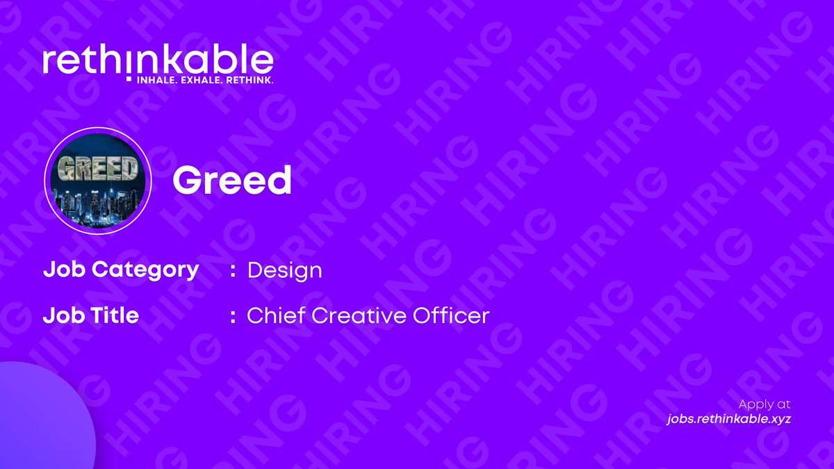 rethinkablejobs's tweet photo. We're looking for a Chief Creative Officer

Are you looking for a Web3 job? @GreedP2E have posted a new job opening on Rethinkable that you can apply to. Links below.

Apply at https://t.co/Hh8ISDT2JT https://t.co/XUnRFZmaMe