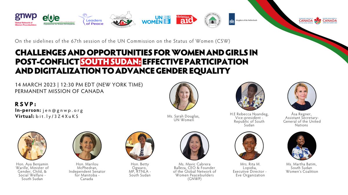 I am tremendously honored and delighted to be participating in this event with phenomenal women to discuss the challenges and opportunities for women and girls in post-conflict South Sudan with regard to effective participation and digitalization. 
Join the conversation.
<a href="/UN_CSW/">United Nations CSW</a>