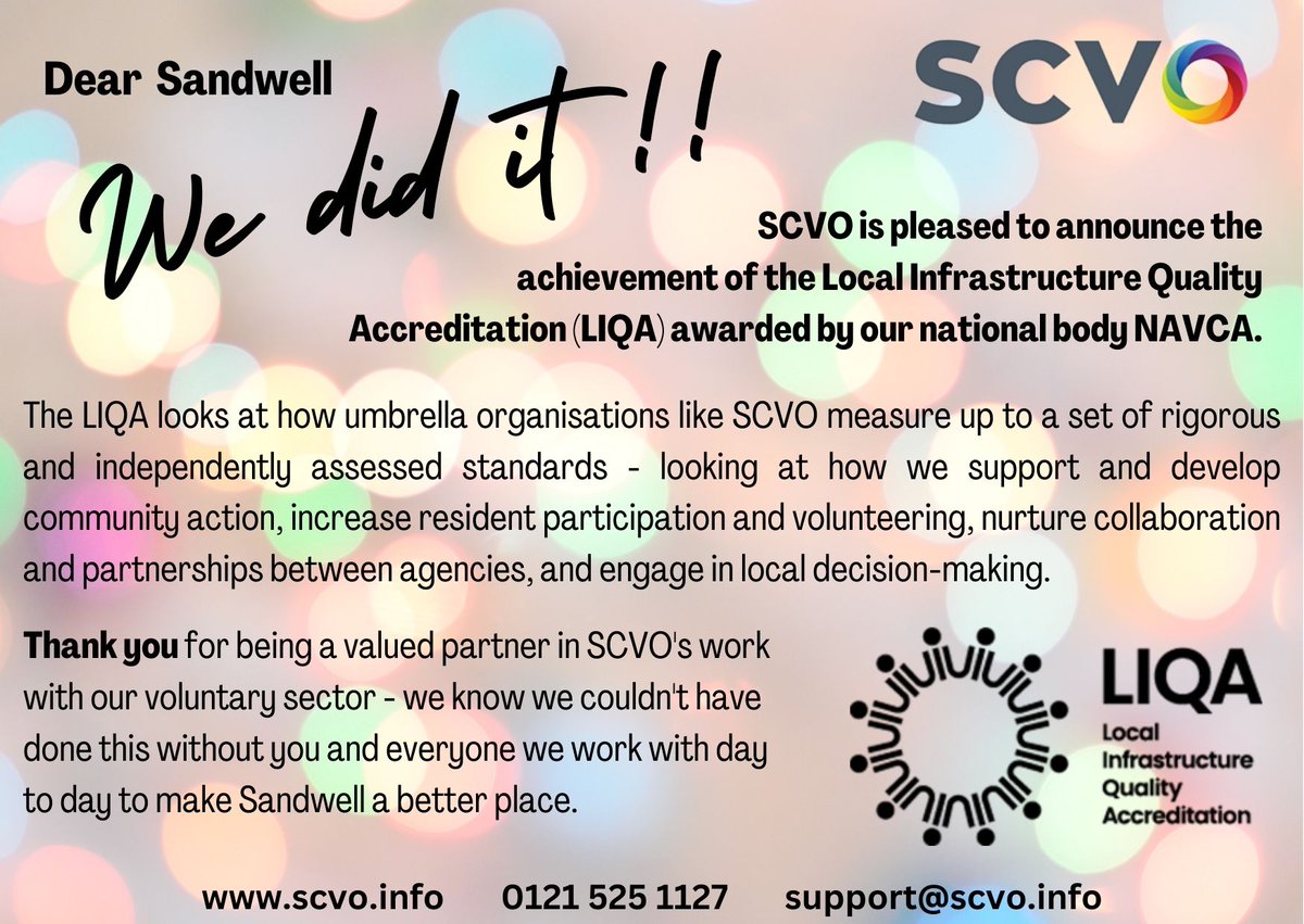 SCVOSandwell's tweet photo. The #LIQA is the quality mark for local infrastructure organisations – and we’ve recently achieved it! We submitted evidence to independent assessors, and met the requirements to show that the support we provide is of high quality.
Find out more here: https://t.co/Ui653fLr1d https://t.co/cRTQgOtFFQ