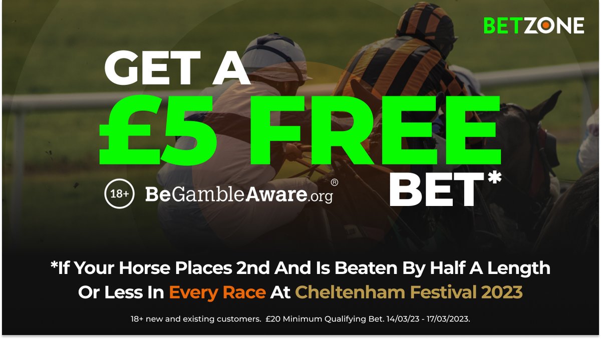 BetzoneUK's tweet image. IT’S RACE WEEK!! 🐎

Get a £5 free bet if your horse places 2nd and is beaten by half a length or less at every race at Cheltenham Festival 2023. 

18+ | T&amp;amp;C's apply | begambleaware.org | Gamble Responsibly 

#CheltenhamFestival #Cheltenhamraces #Cheltenham2023 #racingtips