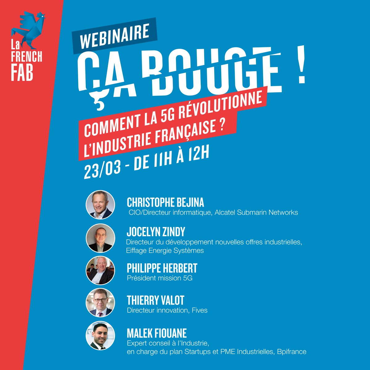 Webinaire <a href="/LaFrenchFab/">La French Fab</a> - Jeudi 23 mars de 11h00 à 12h00 - « Comment la 5G révolutionne l’industrie française ? »
Jocelyn Zindy, pilote du projet structurant 5G Industrielle de l'AIF / Filière S-I-F, fera notamment partie des intervenants !
Inscription 👉app.livestorm.co/bpifrance-fran…