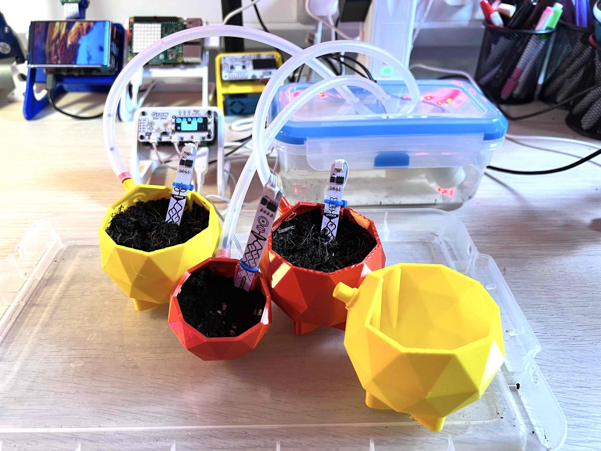 kevsmac's tweet photo. @TheMagPi Happy #MagPiMonday (ahem).
This weekend I created a self-watering plant system using the @pimoroni Grow Hat.
I created these cute geometric pots to give the plants a home.
Write-up here: https://t.co/MRQC4un0fJ
#MonthOfMaking https://t.co/W7g0PGtxPU