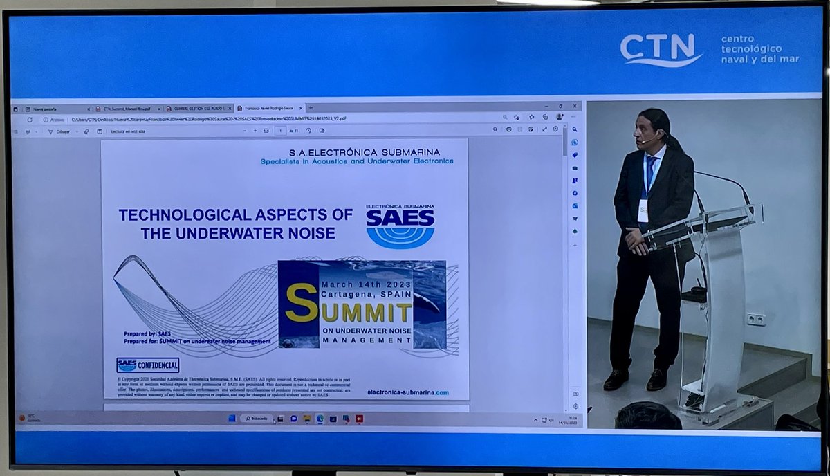 🇬🇧 Javier Rodrigo, Head of Maritime Security Line for #SAES starts his talk on technological aspects of the underwater noise and his more than 20 years of experience working on this field. 

#SUMMITonUnderwaterNoise
#GestiónAmbiental
#Sostenibilidad @CTNInnova