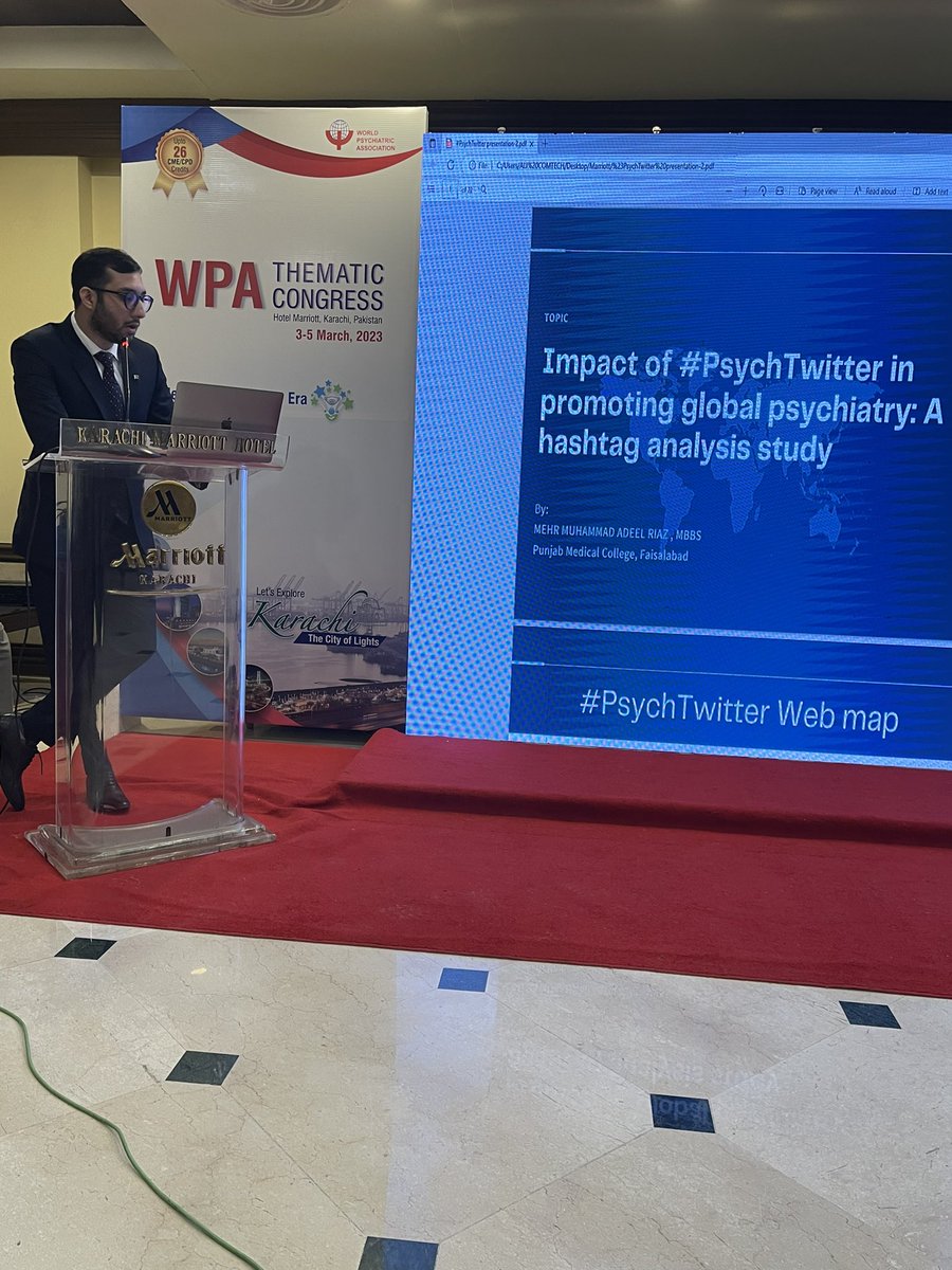 MehrAdeelRiaz's tweet photo. I am really humble that I was able to present our paper titled "Impact of #PsychTwitter in promoting global psychiatry: A hashtag analysis study" at @WPA_Psychiatry thematic Congress Karachi - ๐งต
@NawazFaisal_ai @_atanas_ @DrMeshalSultan @chriss20x @stethospeaks #psychtwitter https://t.co/ZCNIKFHCIj