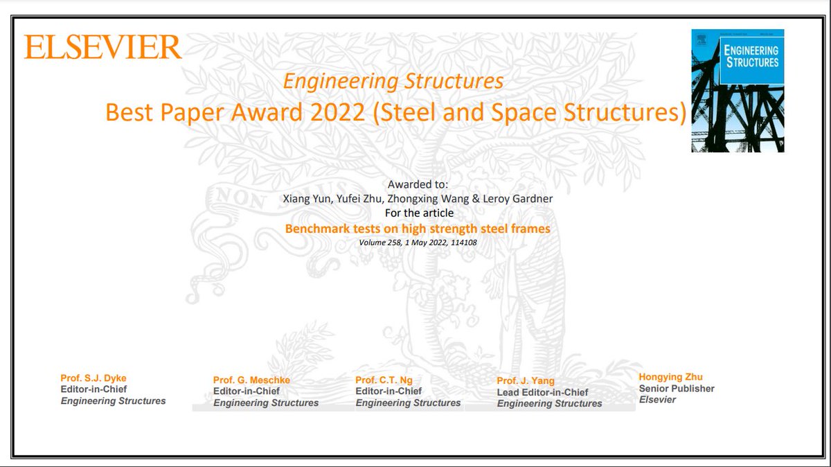 We’re thrilled that our paper ‘Benchmark tests on high strength steel frames’ received the Best Paper Award 2022 (Steel and Space Structures category) in Engineering Structures! Have a read here: sciencedirect.com/science/articl… #highstrengthsteel #steelstructures #research