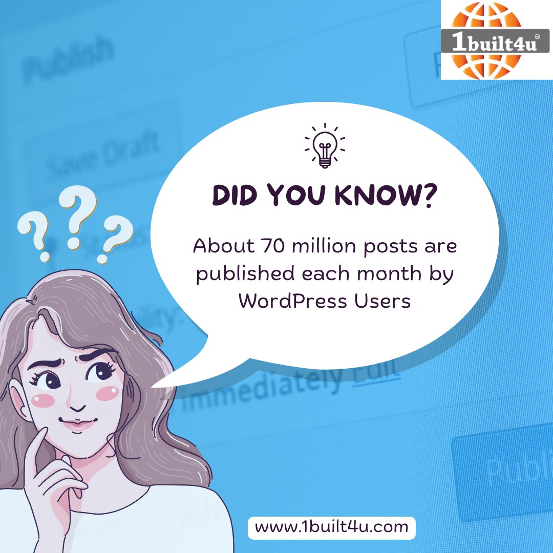 About 70 million posts are published each month by WordPress Users
#1built4u
#DidYouKnow 
#FunFact 
#InterestingFact
#WordPress 
#Blogging 
#ContentCreation #BloggersOfInstagram #BloggersOfTwitter #DigitalContent