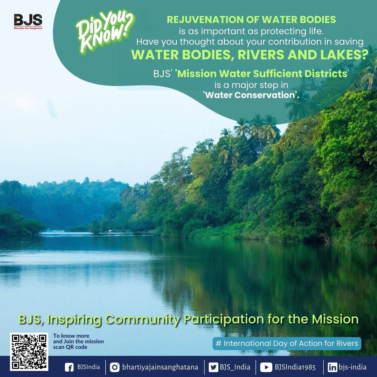 Let’s save the rivers. 
Let's commit ourselves to “Water Conservation'

International Day of Action for Rivers.

#Rivers #rightsofrivers #InternationalDayOfActionForRivers
#InternationalRiversDay2023 #NGO #NGOIndia #BJS #BharatiyaJainSanghatana