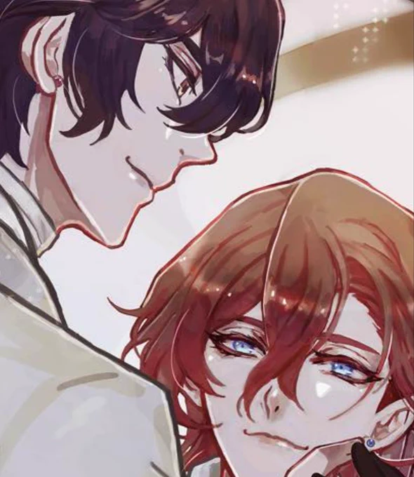 It's a bit tiny, but I did draw them with matching character colours earrings of their respective partner 