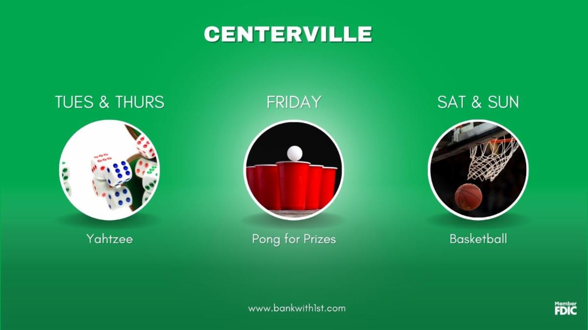 1NB's tweet image. Stop by our In-Stores for games and prizes.

Yahtzee, Pong, Tablet Games, Trivia, and more! 

Ask about our Secure Checking $hopping Rewards and save some money while you shop.

#1stNationalBank #InStoreEvents #BankYourBest #St.PatricksDay #Centerville #LebanonWalmart