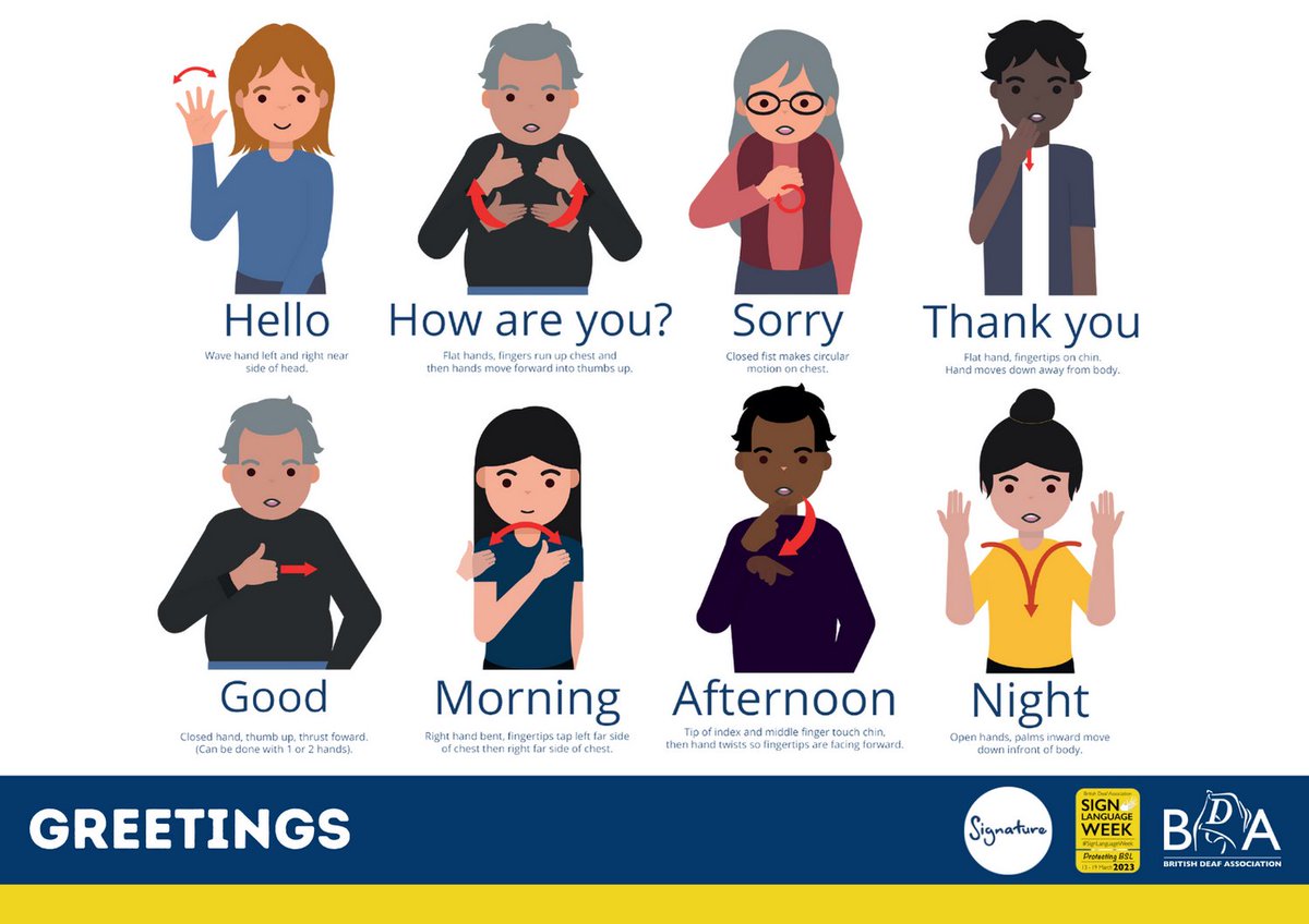 SignatureDeaf's tweet photo. Learn British Sign Language with Signature throughout #SignLanguageWeek. Today's resource is BSL Greetings - all of our learner resources are available to download here FREE: https://t.co/eDMlW5Eixh
#BritishSignLanguage #SLWeek23 #SLW23 https://t.co/A1hxkzG9IF