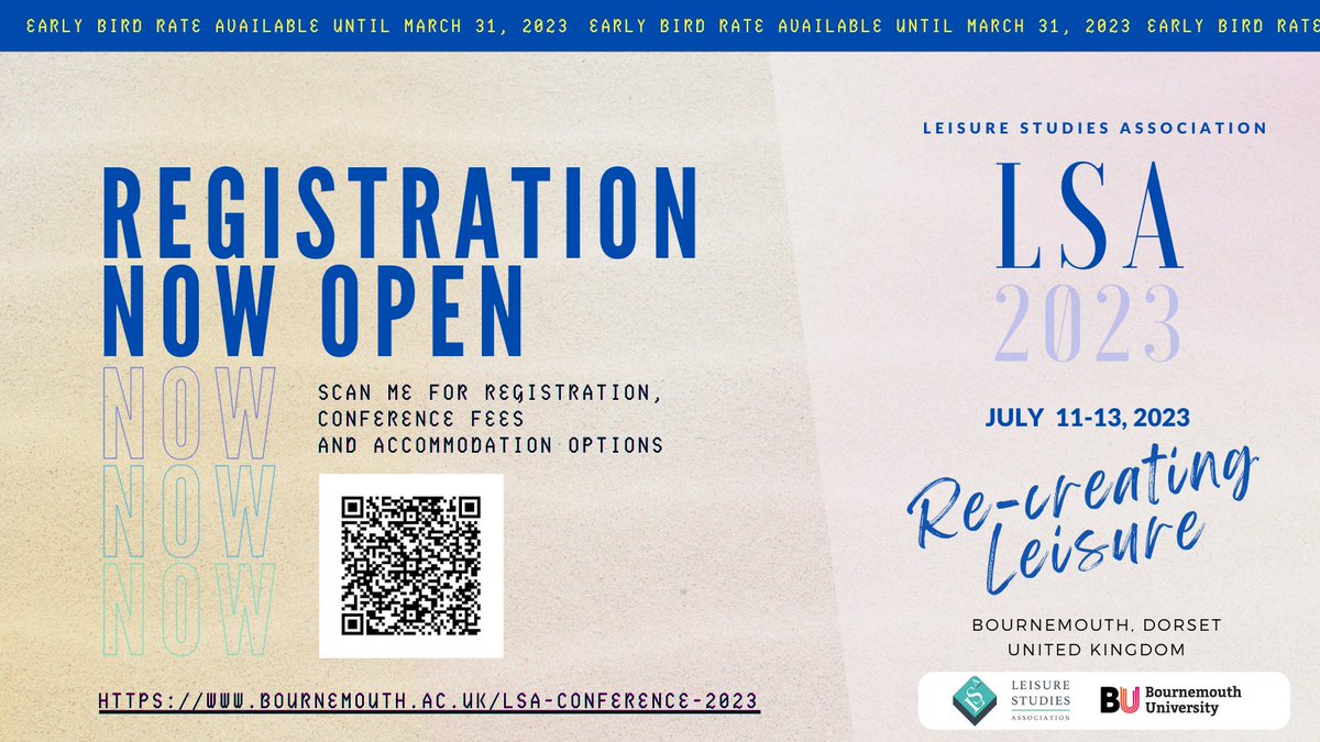 Registration is now open✅

Further details relating to conference fees and accommodation can be found here: 

bournemouth.ac.uk/research/centr…

#LSAxBU #Conference2023 #Leisure #Academia #AcademicChatter #UKconference #Bournemouth #BUProud #events