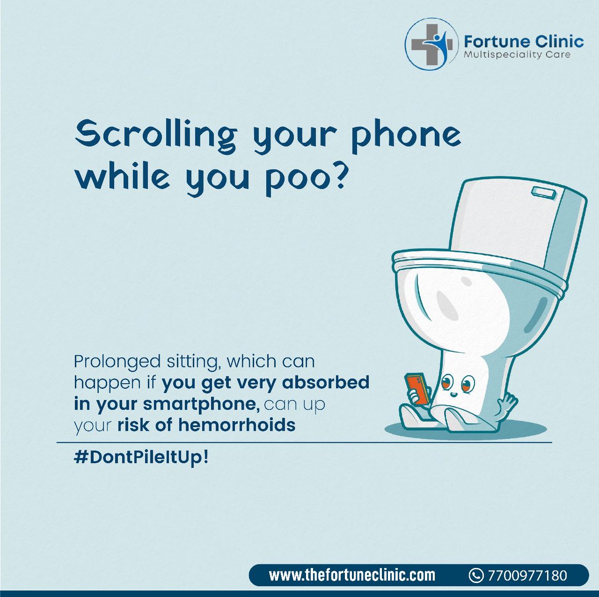 ClinicFortune's tweet photo. The shape of the toilet seat puts extra pressure and cause the veins to become swollen when you sit there for a long time. When you’re pushing hard during a bowel movement, you've got the potential for hemorrhoids. Avoid sitting for long hours so that you #DontPileItUp! https://t.co/GS8fCEeYXJ