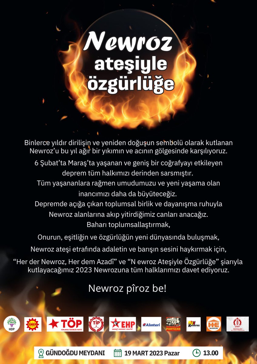 İzmir Newroz programının duyurusu için basın toplantısı yapıldı.

Zalimlere Karşı Kawa'nın Mücadelesini Kuşanacak, Newroz Ateşiyle Özgürlüğe Yürüyeceğiz! 

19 Mart Pazar günü saat 13.00'de Gündoğdu Meydanı'ndayız.

#Newroz2023