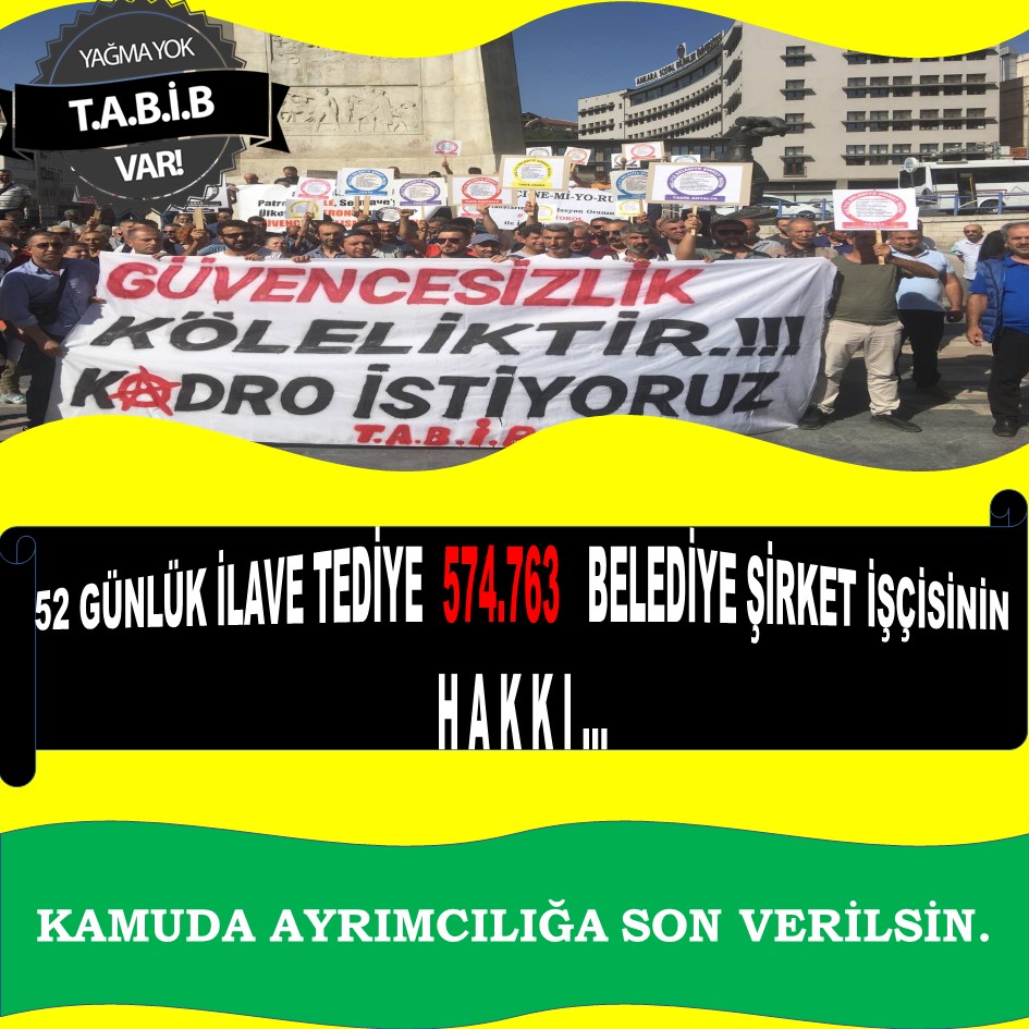 TABİB Türkiye (@tabibturkiye) on Twitter photo 6772 sayılı kanun diyor ki "sermayesinin yarısından
fazlası devlete ait olan şirket ve kurumlarla belediyelerde"çalışan işçiler ilave tediye hakkı kazanır.
Belediye teşekküllerinin sermayesinin tamamı belediyeden geliyor.
Biz neden 52 günlük ilave tediye alamıyoruz <a href="/vedatbilgn/">Vedat Bilgin</a> 6772 sayılı kanun diyor ki "sermayesinin yarısından
fazlası devlete ait olan şirket ve kurumlarla belediyelerde"çalışan işçiler ilave tediye hakkı kazanır.
Belediye teşekküllerinin sermayesinin tamamı belediyeden geliyor.
Biz neden 52 günlük ilave tediye alamıyoruz <a href="/vedatbilgn/">Vedat Bilgin</a>
