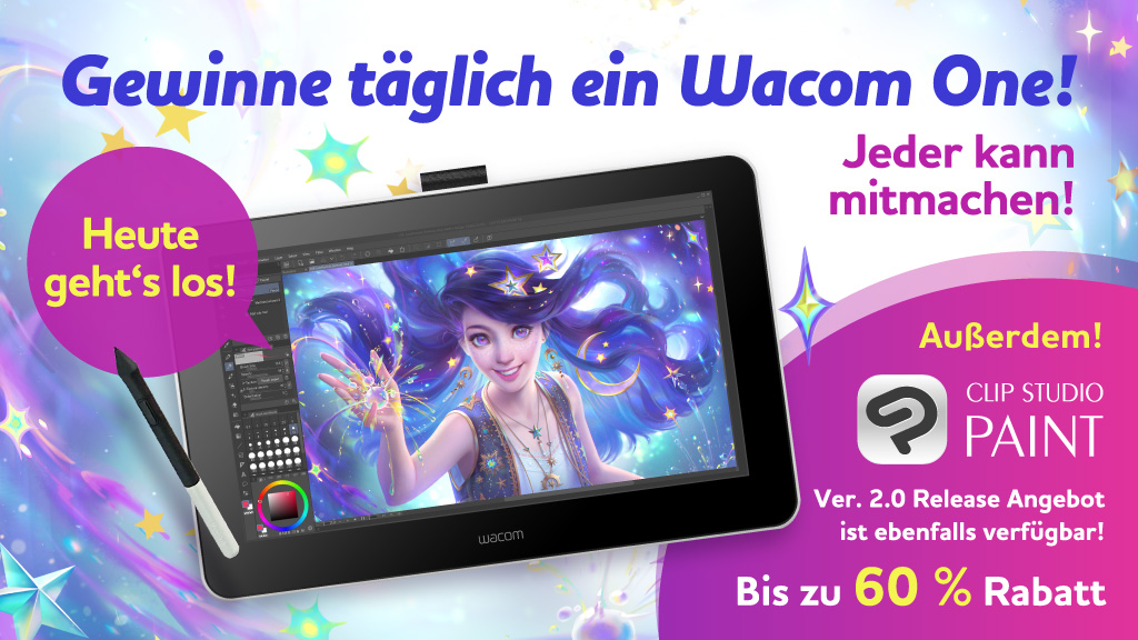Jeden Tag ein Wacom One zu gewinnen! Einfach diesem Post folgen und retweeten. Jeder kann mitmachen. Zur Feier der Veröffentlichung von Ver. 2.0 gibt es bis zum 20. März um 8 Uhr (UTC/GMT) bis zu 60% Rabatt! Mehr: clipstudio.net/promotion/give…