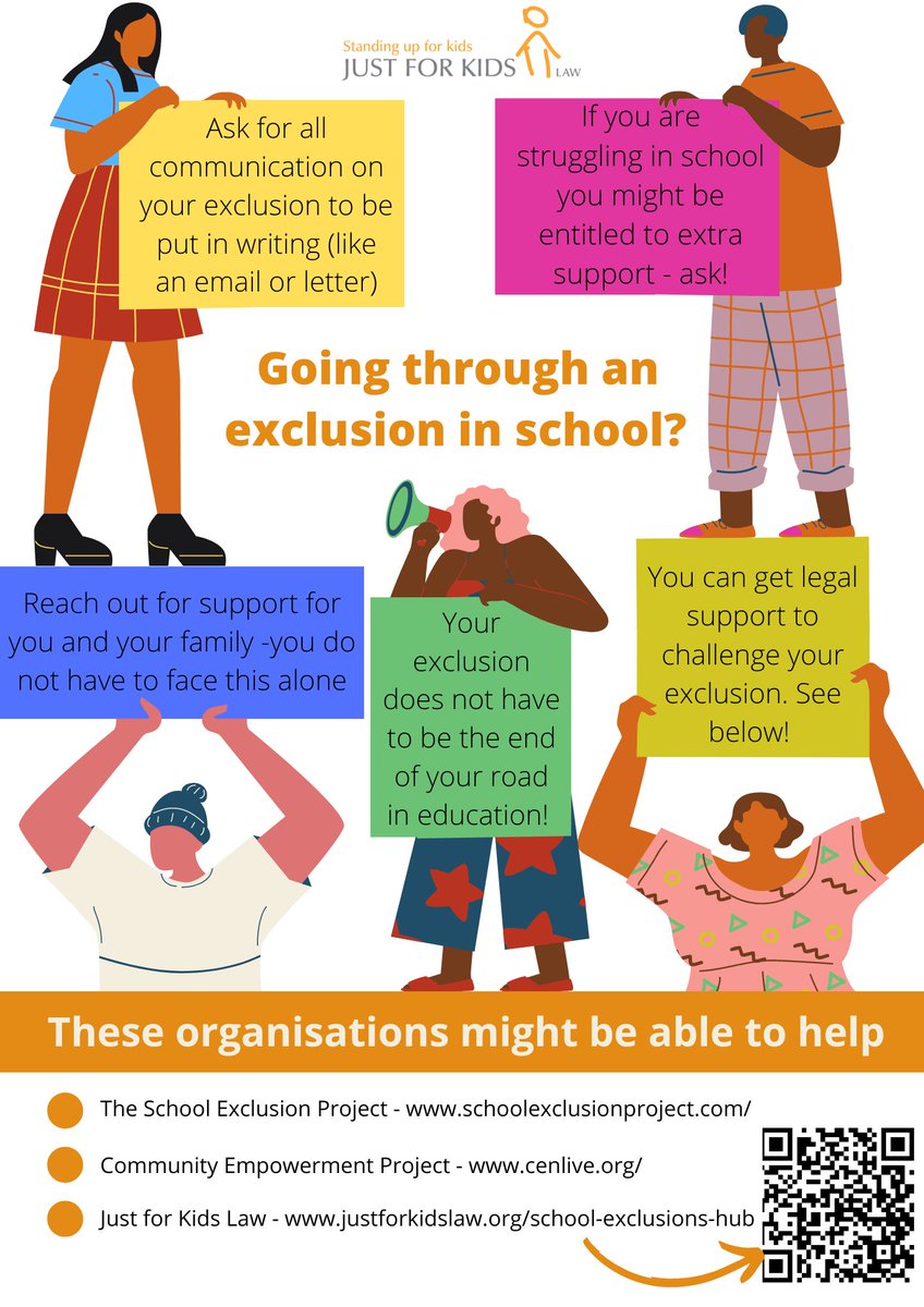 Justforkidslaw's tweet photo. No child &amp; family should have to attend a school exclusion hearing without representation!  We have lawyers who provide free legal advice and representation to challenge the decision. 

Contact us here👇
https://t.co/0oJplB2DR4 https://t.co/HGqUn53Y3g