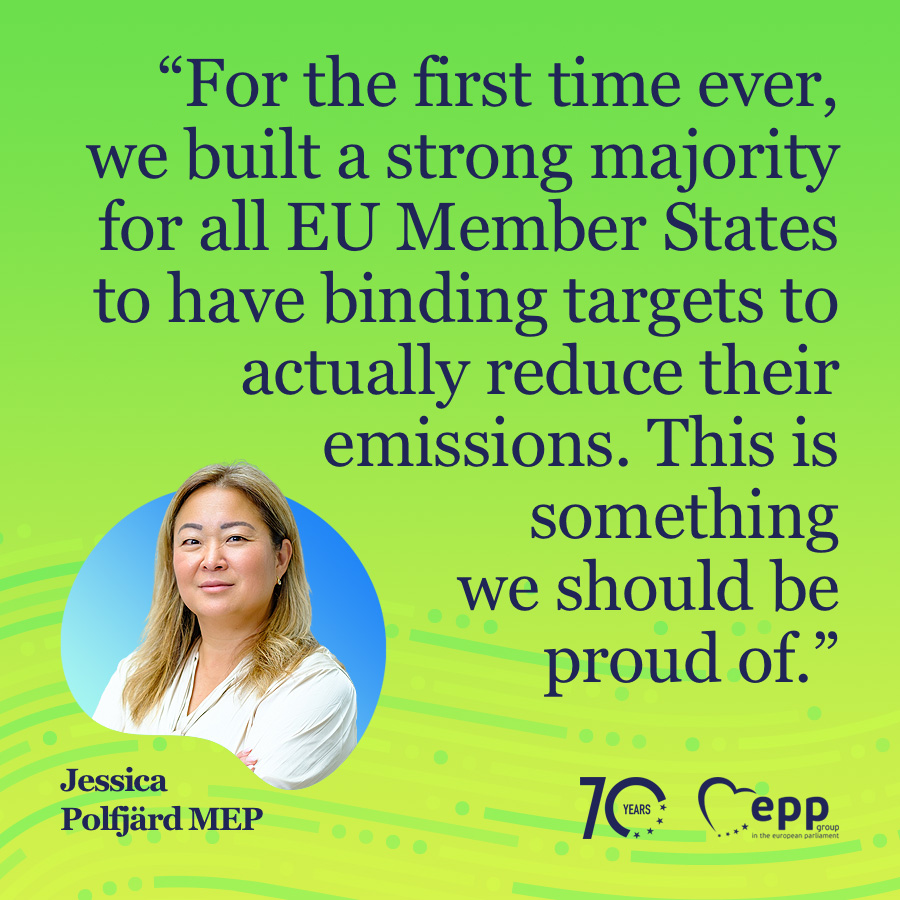 EPPGroup's tweet photo. "The Effort Sharing Regulation is one of the pillars of our common climate work", says MEP @jessicapolfjard.
It's a crucial part of the EU's #FitFor55 package.
It sets binding targets for all Member States. Everyone must take responsibility for CO2 reduction goals.
#EPlenary https://t.co/OPK9BqOrQp