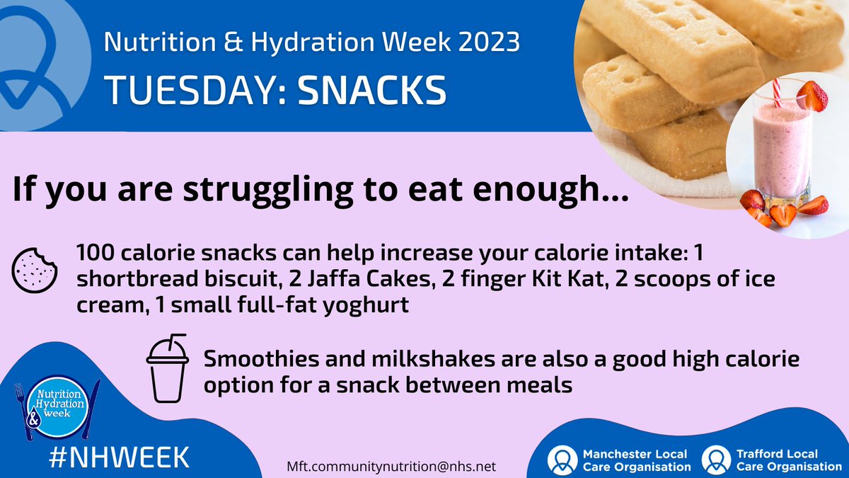 Tuesday's <a href="/NHWeek/">N&H Week</a> top tips from our fab <a href="/CNSmcr/">Community Nutrition Service</a> team are focused on snacks, and how they can be utilised for those struggling to get enough calories! 🍫 #NHWeek