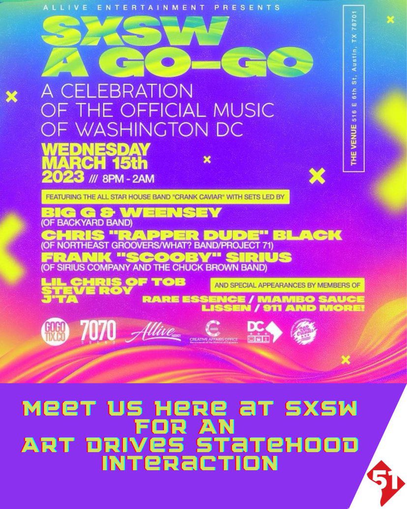adamlongoTV's tweet photo. Go-Go goes global at SXSW! 
Austin, Texas going to feel those #DCStatehood vibes! 
#SXSW2023 https://t.co/wETWvVb8rm
