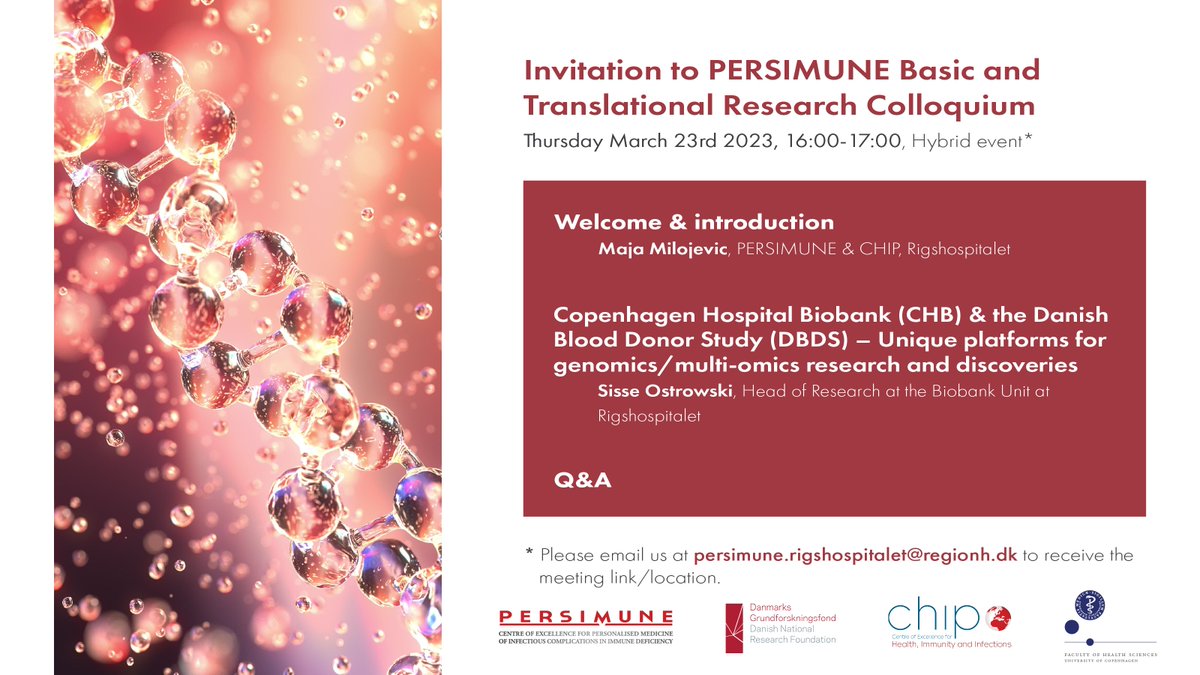 PERSIMUNE's tweet photo. 🆕It's time for a new #PERSIMUNE colloquium!
Join us on March 23 to learn about research opportunities within Copenhagen Hospital Biobank & the Danish Blood Donor Study presented by @SisseOstrowski
Email persimune.rigshospitalet@regionh.dk for the meeting link/location. https://t.co/uHKREHFRhw