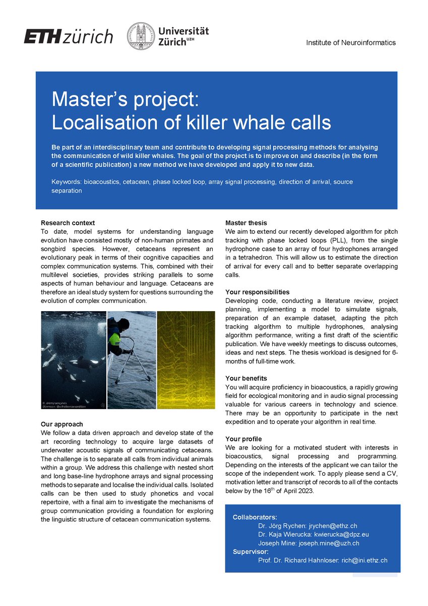 Who is interested in audio signal processing and would like to conduct research on killer whale vocalisations? Have a look at a new master's project we’ve just announced. Apply now to be a part of this collaborative work! @ETH_en @UZH_en @NCCR_Language @JosephMine95 @JorgRychen