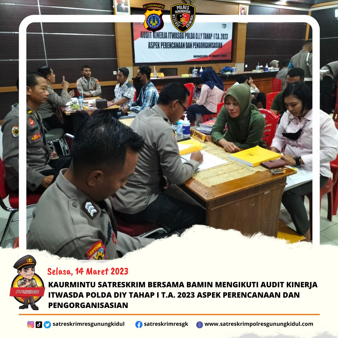 satreskrimresGK's tweet photo. Kaurmintu Satreskrim Aiptu Muryati, S.E. bersama Bamin mengikuti Audit Kinerja Itwasda Polda DIY Tahap I T.A. 2023 Aspek Perencanaan dan Pengorganisasian bertempat di Aula Patriatama Polres Gunungkidul, Selasa 14/03/2023.
#audit #kinerja #itwasda #tahap1 #poldadiy #polresgnk https://t.co/SEZn4H2fLz