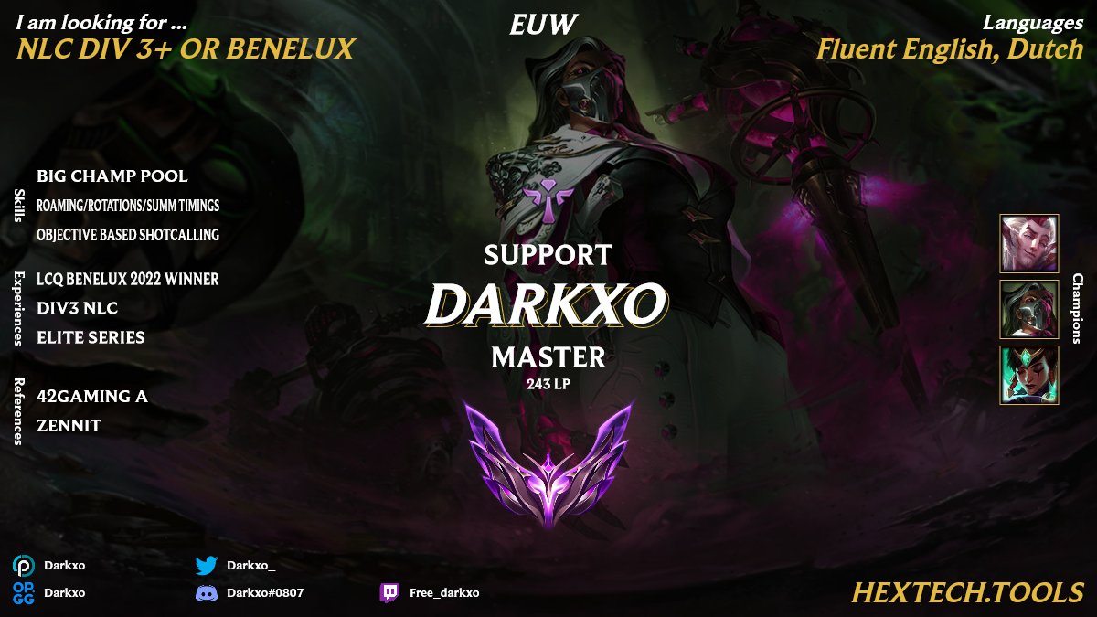 LFT!

After this week my NLC div3 split is over and I'm looking for a new team!

Feel free to dm me if you have any questions: Darkxo#0807