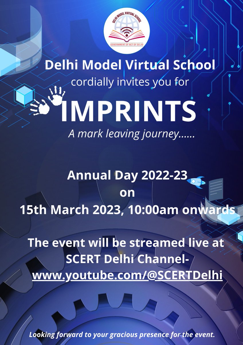 Greetings! We extend our warmest invitation to you to join us for the 1st Annual Day celebration at DMVS-"IMPRINTS - A Mark Leaving Journey"

The function will be graced by <a href="/AtishiAAP/">Atishi</a>, Hon'ble Education Minister &amp; <a href="/gupta_iitdelhi/">Himanshu Gupta</a>, Director Education,GNCT of Delhi

<a href="/Dir_Education/">DIRECTORATE OF EDUCATION Delhi</a>