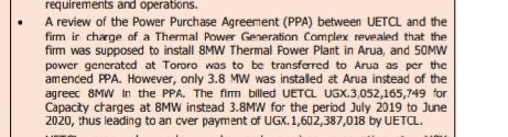Sambannz's tweet photo. Agreement was to install 8MW Thermal Power Plant in Arua, only 3.8 MW was installed. @uetcl was billed Ugx 3,052,165,749 for 
Capacity charges at 8MW instead 3.8MW, an over payment of Ugx 1,602,387,018 by @uetcl 
Someone is profiteering from keeping Westnile off the National grid https://t.co/QKJi162HEU