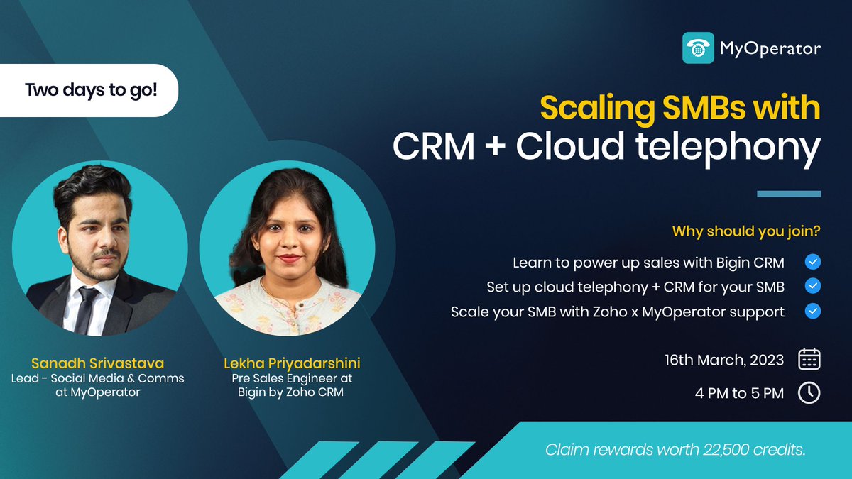 MyOperator's tweet photo. Last two days left to register for our free webinar to learn how CRM &amp; Cloud Telephony can help you scale your SMB.

Register here: https://t.co/C5hAatTbEW 

Get actionable insights from experts from @MyOperator &amp; @Bigin by Zoho CRM.

#webinar #SMB #CRM #MyOperator https://t.co/yPlXwQSISX