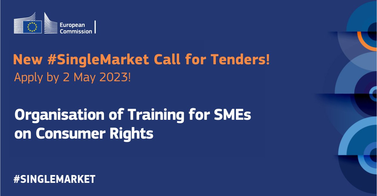 New #SingleMarket Call for Tenders!

This call aims to ensure the continuation of the Consumer Law Ready project that provides 🇪🇺-wide consumer training &amp; up-to-date information for #SMEs and #startups on #ConsumerLaw.

Interested? 🗓️ Apply by 2 May 👇
europa.eu/!Qd3bhj