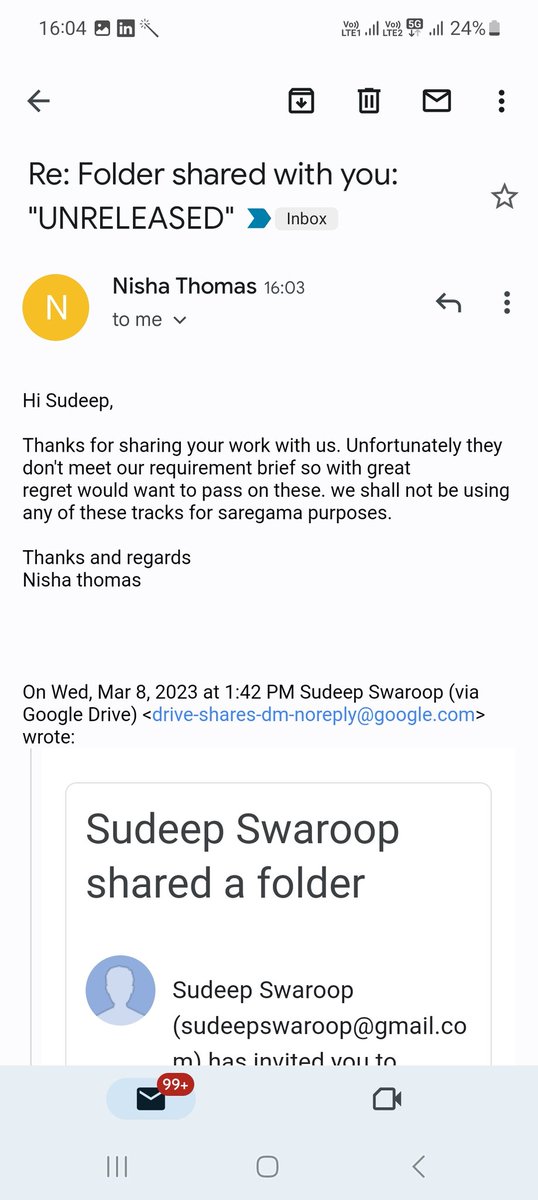 sew_deep's tweet photo. @saregamaglobal has a consistent habit taking finished music worth lakhs and disappear over the last 4 years of my pursuit. Here's a new one from their music team all set to rip my stuff saying that she needs free but 'large scale' music and declines after 6 days of no responses. https://t.co/MBO69YAGO3