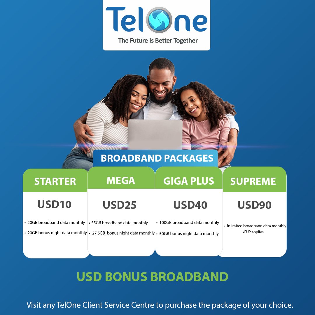 TelOneZW's tweet photo. Ungagodei, ungafunani? Enjoy the best Broadband experience with our USD Bonus Broadband offers.  #TheFutureIsBetterTogether https://t.co/O6YGpXC3jj