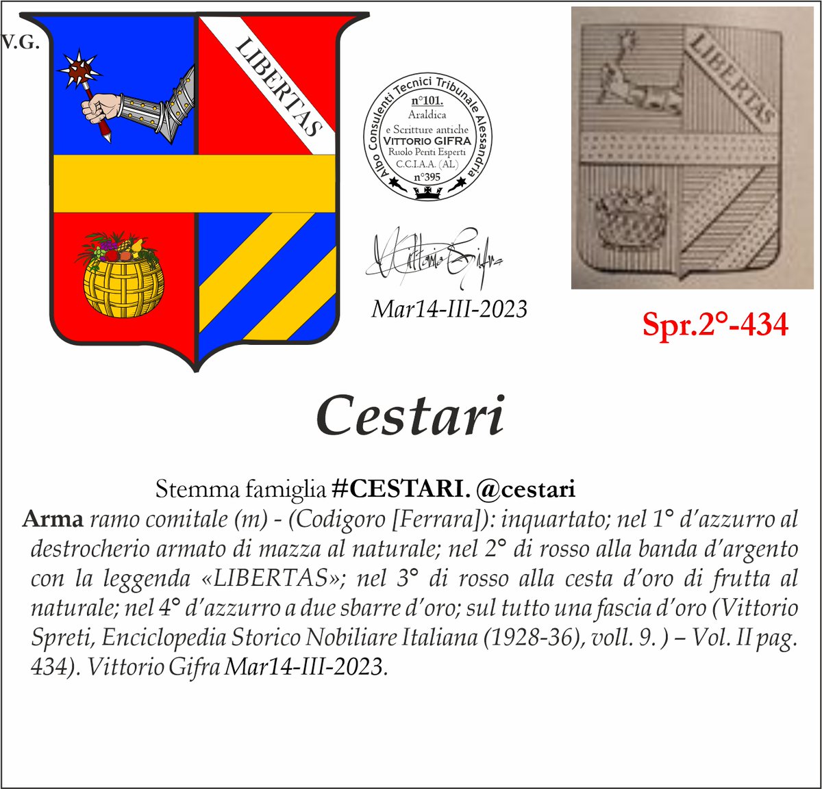 VGIFRA's tweet image. Stemma famiglia #CESTARI. @cestari
 (Vittorio Spreti, Enciclopedia Storico Nobiliare Italiana (1928-36), voll. 9. ) – Vol. II pag. 434). Vittorio Gifra Mar14-III-2023.