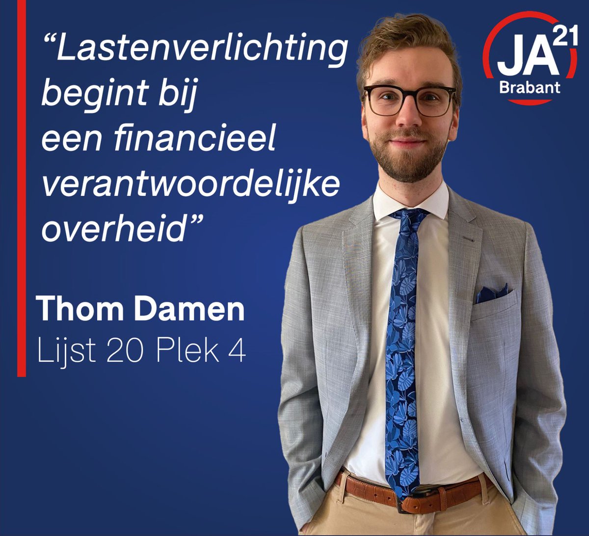 thomdamen6's tweet photo. Een steeds grotere overheid resulteert in hogere lasten. #JA21 zet zich in voor een juist kleinere overheid. Door als Provincie weer de focus te leggen op de kerntaken realiseren we lastenverlichting voor alle #Brabanders.
Stem op woensdag 15 maart #JA21, Lijst 20 plek #4 https://t.co/JaR8kk0paQ