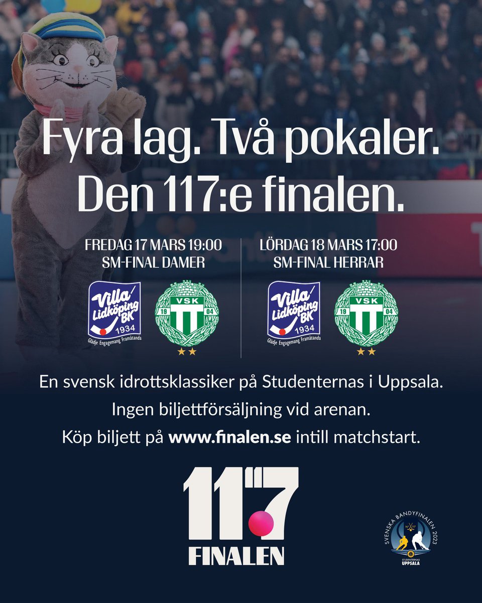 SvenskElitbandy's tweet photo. Den historiska 117:e finalen 🏆
Aldrig tidigare har samma 2 föreningar tagit sig till både herr- & damfinal samma år!
Ska det bli en blå-vit dubbel eller kanske en grön-vit? Oavsett så lär du inte missa att vara på plats! Köp biljett på https://t.co/WQ1EasNjVg #finalen #svbandy https://t.co/bUvZxh2HuK