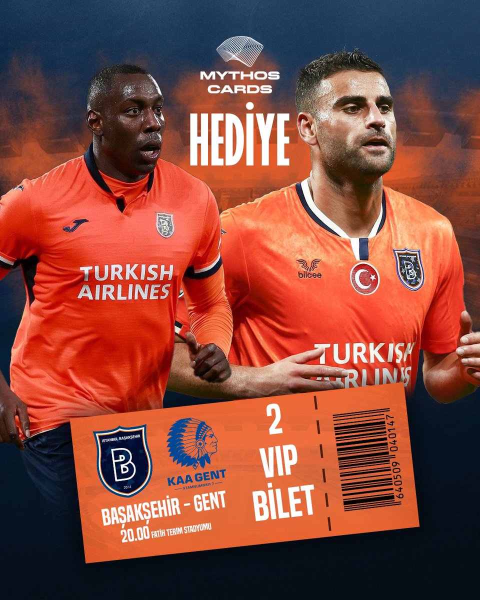 HEDİYEMİZ VAR!🎁😎  

Başakşehir’in Konferans Ligi’nde Gent’i ağırlayacağı maç için 2 adet VIP maç bileti hediye ediyoruz. Yapmanız gerekenler.👇

🟩 Tweet’i beğen, 
🟩 <a href="/mythoscards/">Mythos Cards</a>’ı takip et.

Kazananlar, 15 Mart saat 13.00'de açıklanacak. 🍀