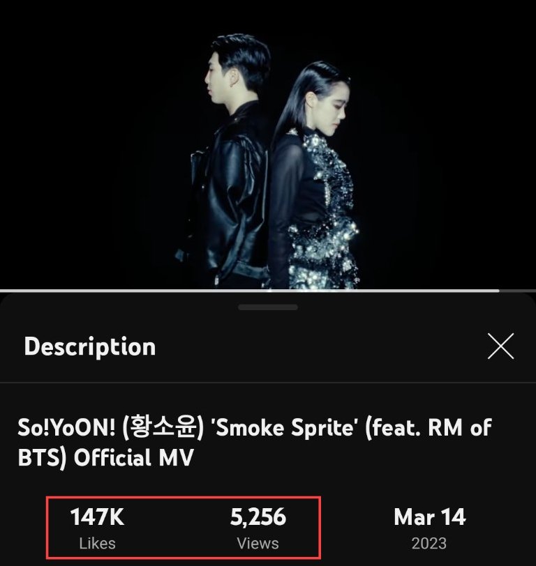 tae_cherriess's tweet photo. hello, @YouTube @TeamYouTube @YouTubeCreators

can you let us know what's happening in the “Smoke Sprite” music video?? there's so much difference between views and likes. pls look into this matter and fix your app. 

thank you 🙏 https://t.co/OiGaSAGu7W