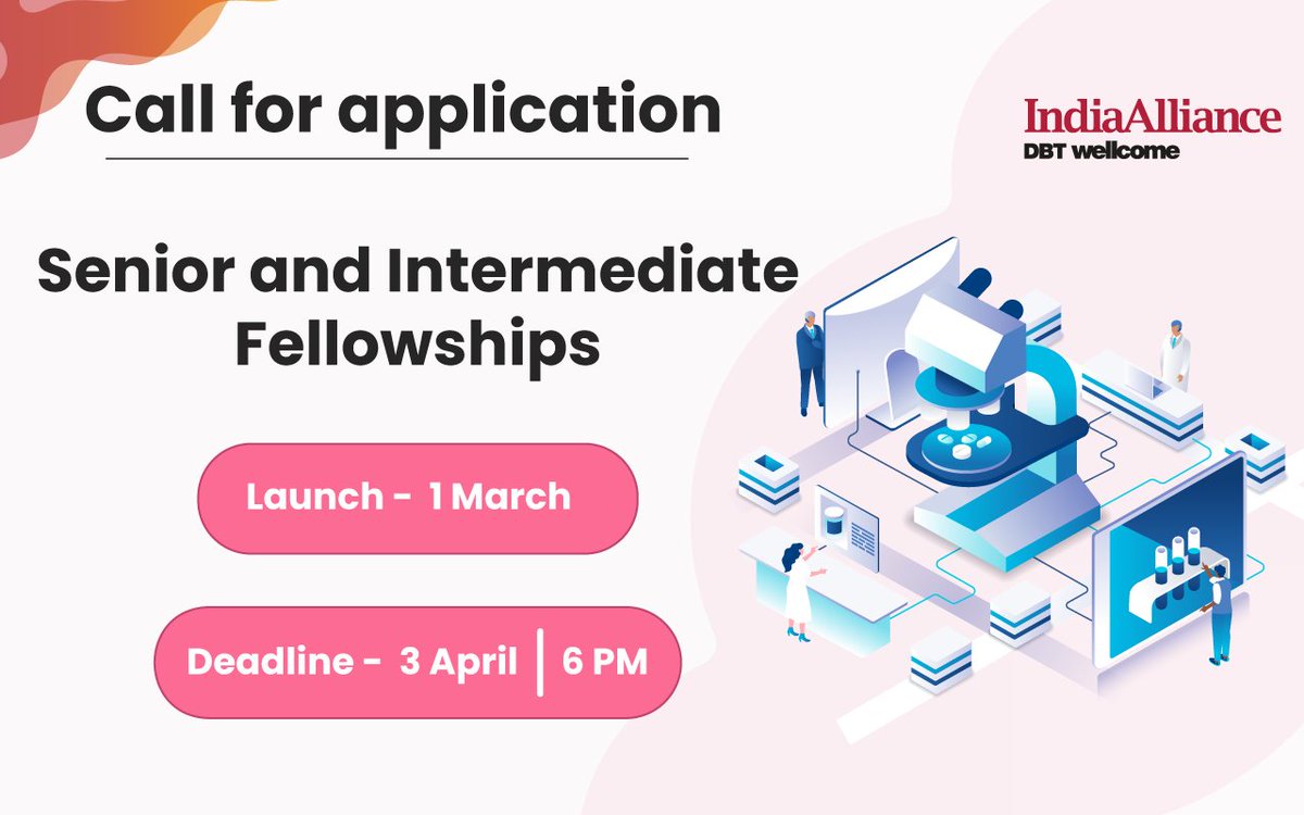 India_Alliance's tweet photo. 📢#CallForApplications: Senior and #IntermediateFellowships in Basic Biomedical Research
🔬This is an #opportunity for #basicbiomedical and #veterinaryresearchers
⏳Deadline: 03 April 2023, 2 PM IST
🔗Info - https://t.co/A88qcWymaT
✉️For queries : info@indiaalliance.org https://t.co/tllnjfMxlZ