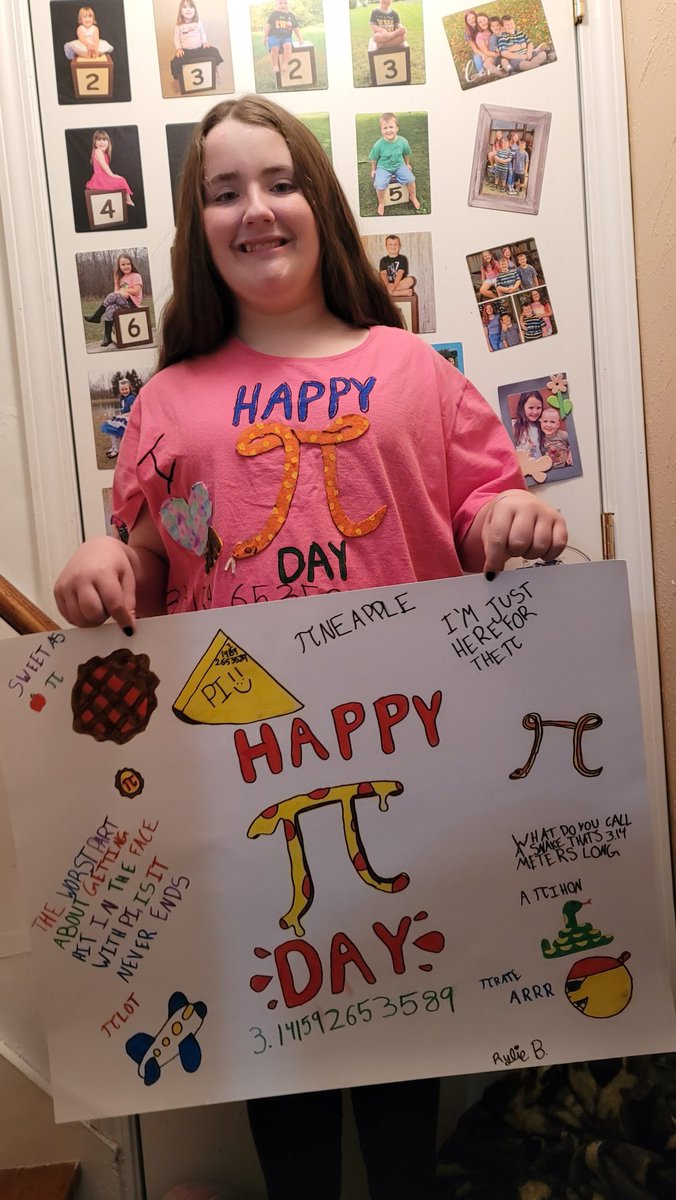 TheBrewCrew2010's tweet photo. Happy PI day!!! So bug's grade was encouraged to wear a Pi shirt &amp; they are having a poster contest. This is what she made. There is lots of play on words...like 🥧thon. 🥧lot.  The numbers go around the back of the shirt &amp; to the front @midvieweast @MidviewLocal #wearemidview https://t.co/u1nZkIWlQr