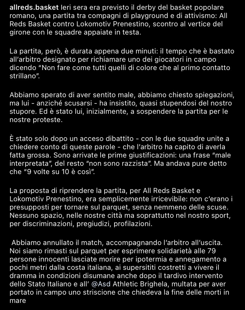 Condividiamo con un po’ di amaro in bocca quanto successo ieri sera in una palestra romana durante la partita tra All Reds Basket - Lokomotiv Prenestino.
Prima o poi i pregiudizi stupidi spariranno, ma purtroppo quel giorno non è oggi

#VAO