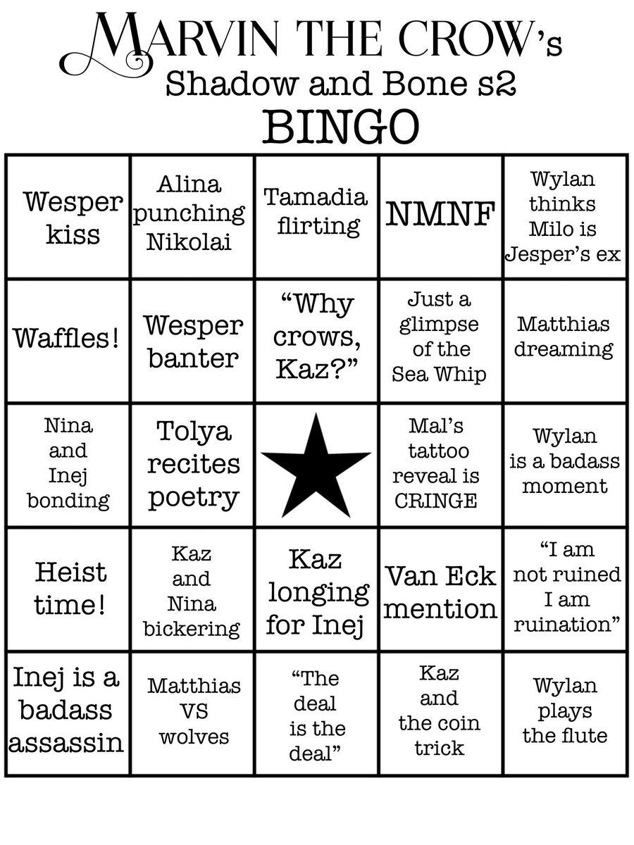 Here's my Shadow and Bone season 2 bingo!