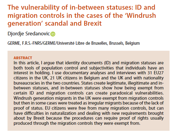 📣 New from #Identities by <a href="/SredanovicDj/">Djordje Sredanovic</a>, comparing #Brexit and the #Windrush generation scandal to understand ID and migration controls

#SpecialIssue #AffectiveControl <a href="/aaronzwinter/">Aaron Winter</a> @NasarMeer <a href="/uoessps/">School of Social & Political Science Edinburgh</a> @Routledge_Socio <a href="/vrabiasca/">ioana vrabiescu</a>

Available at ➡️ 
doi.org/10.1080/107028…