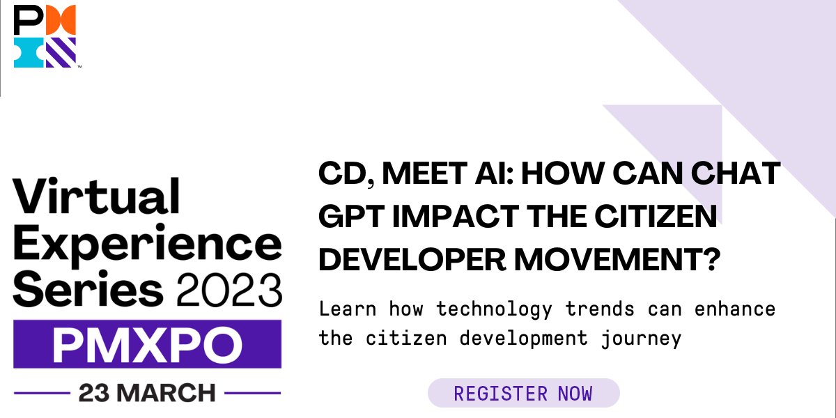 PMIevents's tweet image. How can #CitizenDevelopment help project managers complete tasks and overcome challenges? Hear strategies you need to roll out a fully functioning citizen development program at PMXPO on 23 March. Register now to #ExperiencePMI: ow.ly/UGB850NeISU #PMICitizenDeveloper